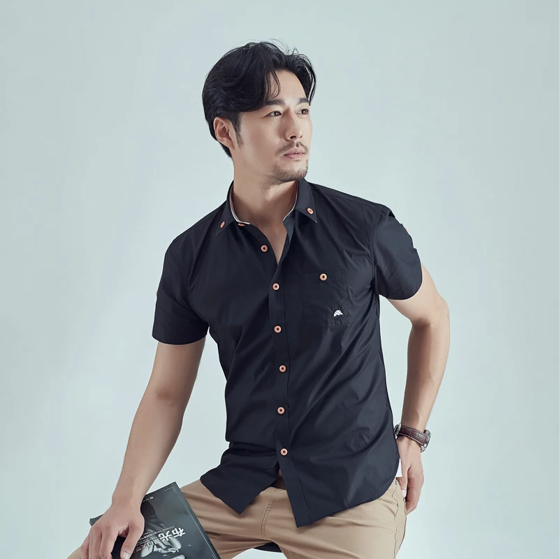 

Shirt Men 2021 New Men's Fashion Casual Solid Embroidery Slim Business Casual Men's Short Sleeve Stand Collar Shirt
