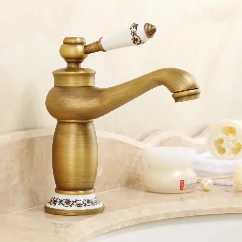 

European Antique Basin Faucets Brass Single Handle Water Taps Deck Mounted Cold and Hot Mixer Tap Bathroom Sink Faucet Crane