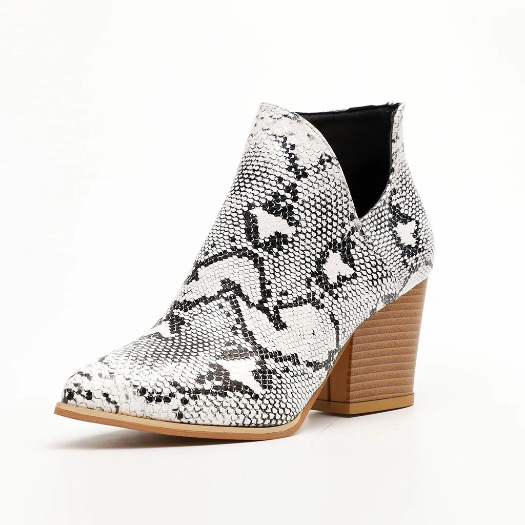 WENYUJH/женские ботильоны из искусственной кожи со змеиным принтом; обувь на молнии с острым носком; женские ботинки на Высоком толстом каблуке; женская обувь; коллекция года; ботинки