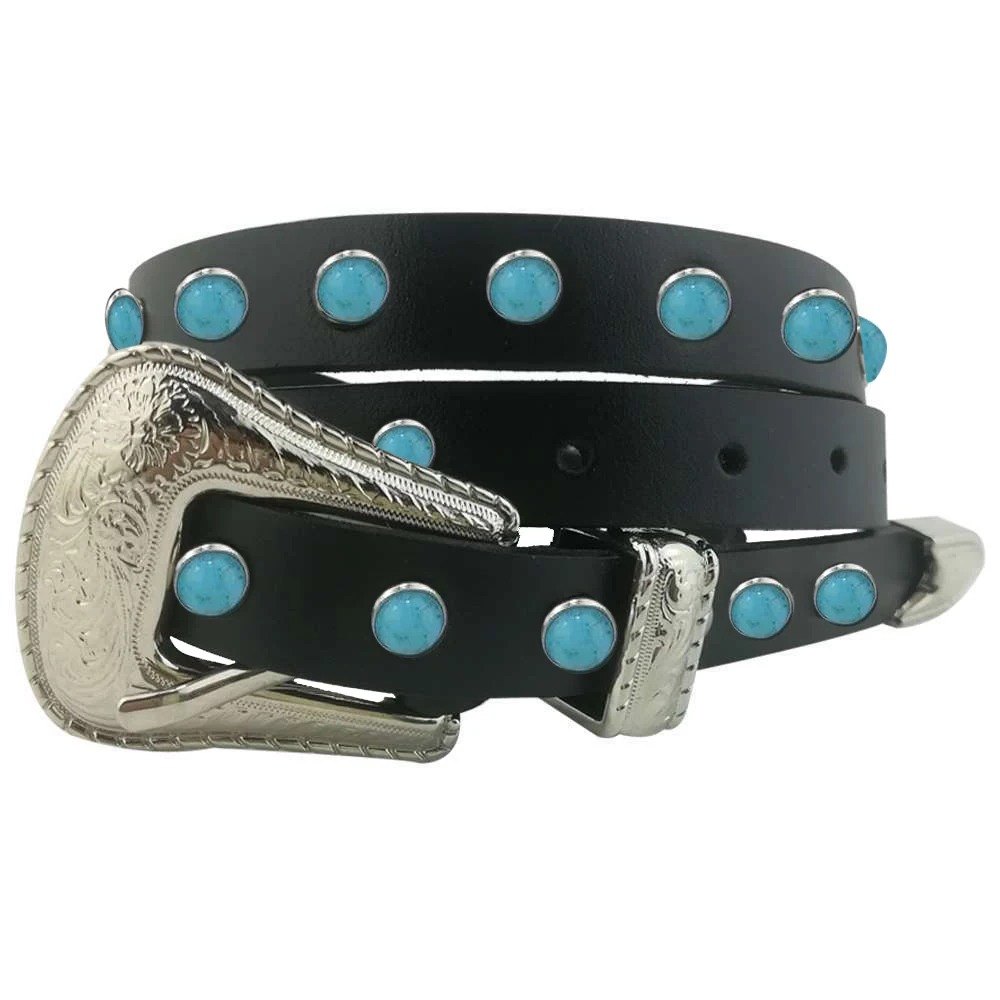 Узкий пояс из натуральной кожи в ковбойском стиле с бирюзовым камнем/серебристым