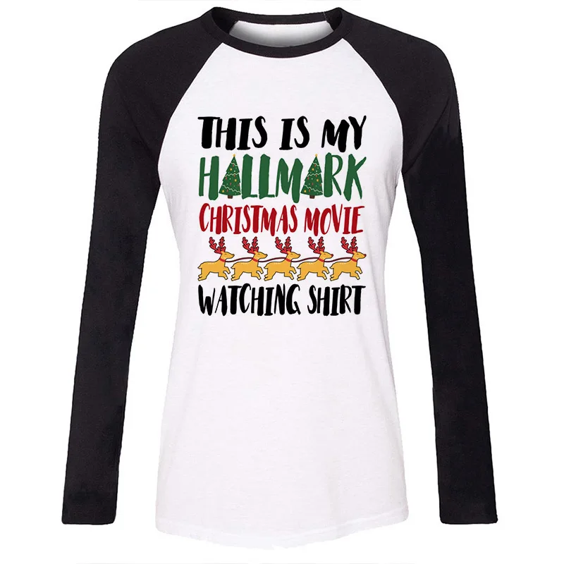 Watch Christmas Movies Graphic Reglan Sleeve T Shirt Women Autumn Winter O-Neck Tshirt Fashion Casual Female Tops Tee | Женская одежда