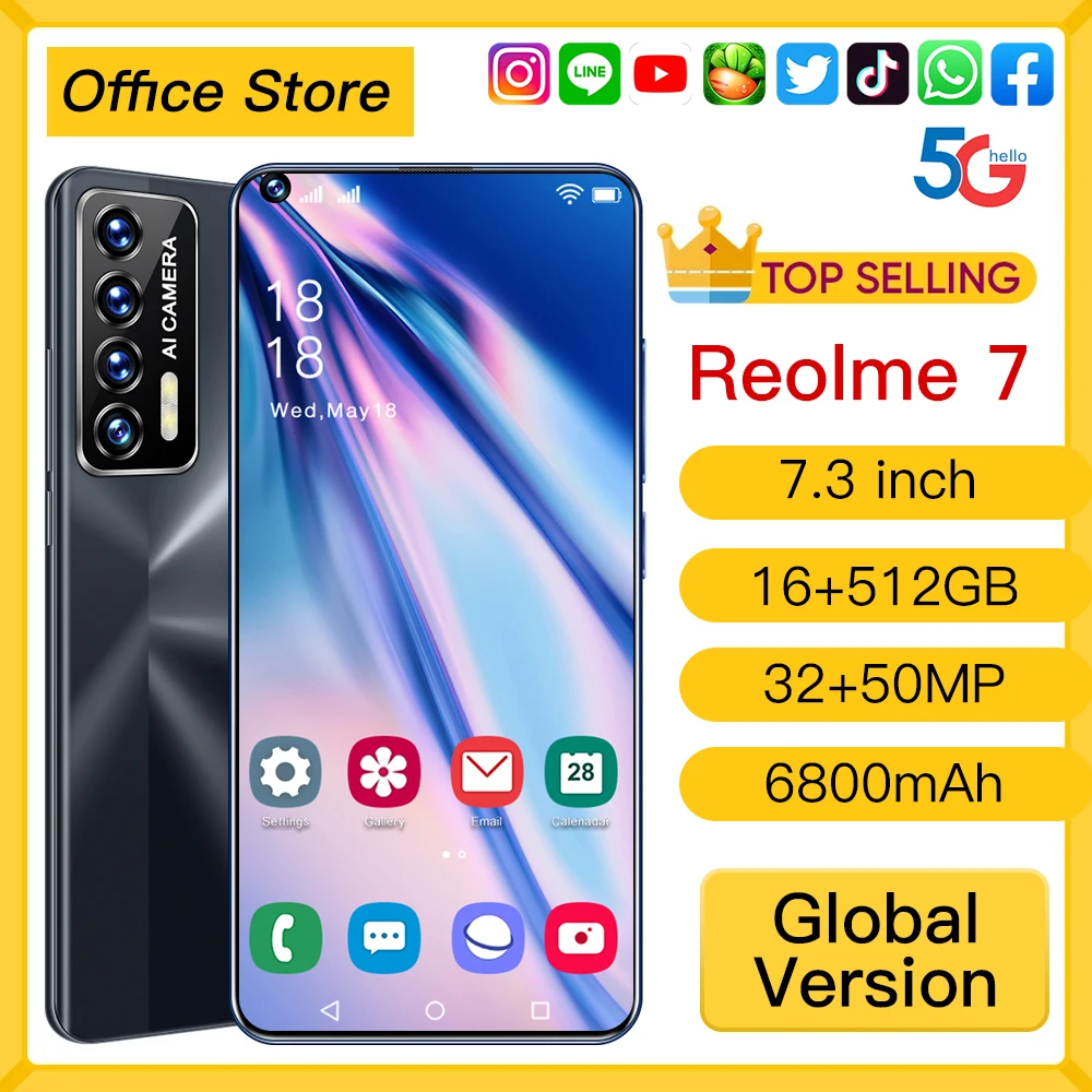 

Global Version Smartphones Reolme 7 Qualcomn 32+50MP 6800mAh Android11.0 16GB 512GB 7.3'' 6800mAh 5G Face Unlock Mobile Phone