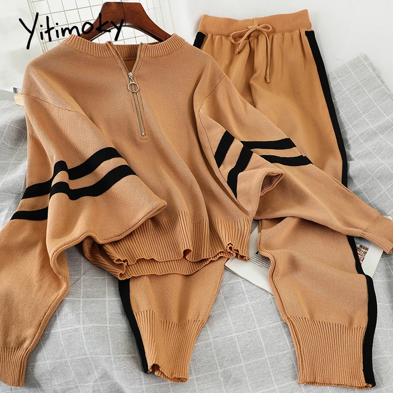 

Женский трикотажный спортивный костюм Yitimoky, комплект из двух предметов: Топ и штаны-шаровары с рукавом летучая мышь, Осень-зима 2021