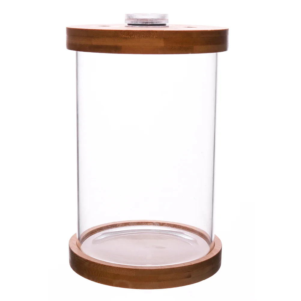 

1pc Small Glass Fish Tank Bamboo Base LED Mini Fish Tank Tabletop Decoration
