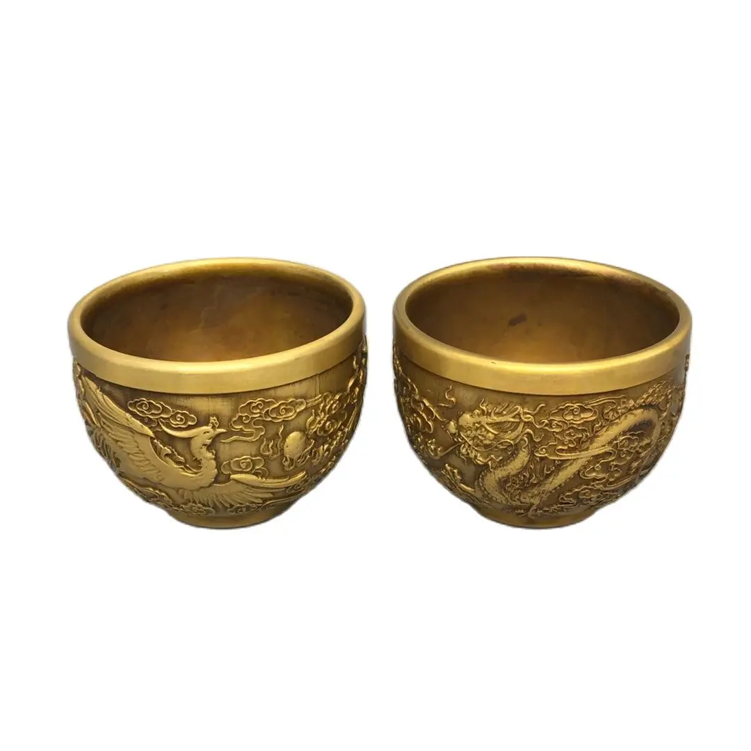 

2 Piece!!Collection Old Copper Handmade Smal Dragon Phoenix Pot ,High Quality Metal Cup Decoration Crafts,Height 5CM,Long 6CM