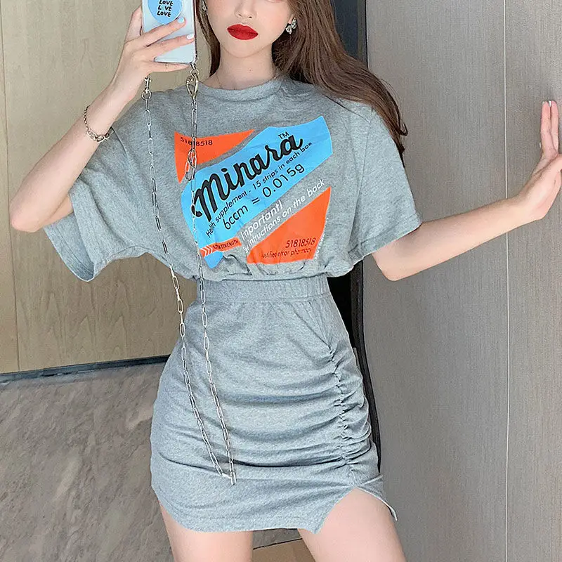 Комплект с платьем и футболкой принтом летняя юбка топ в стиле K-POP Женский