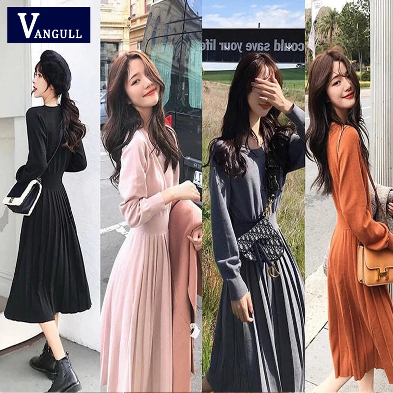 Vangull элегантное вязаное платье с длинным рукавом и круглым вырезом платья 2019