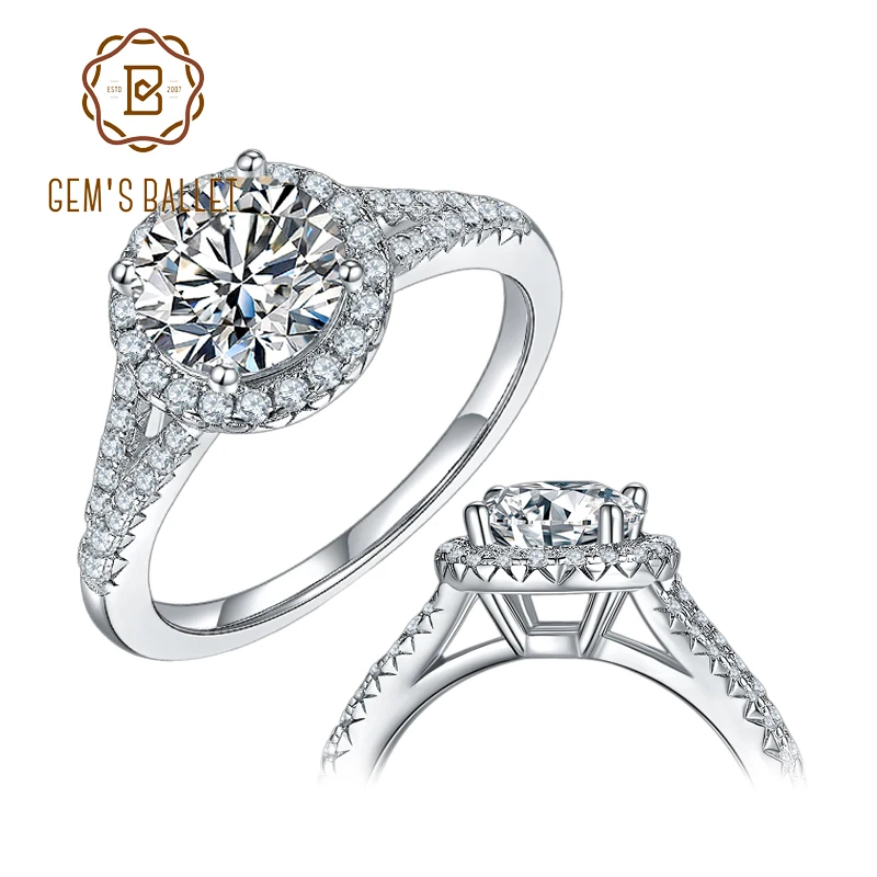 

GEM'S BALLET 1.5ct 2ct 3ct D Color Moissanite Diamond Round Halo Engagement Rings For Women 925 Sterling Silver Moissanite Ring