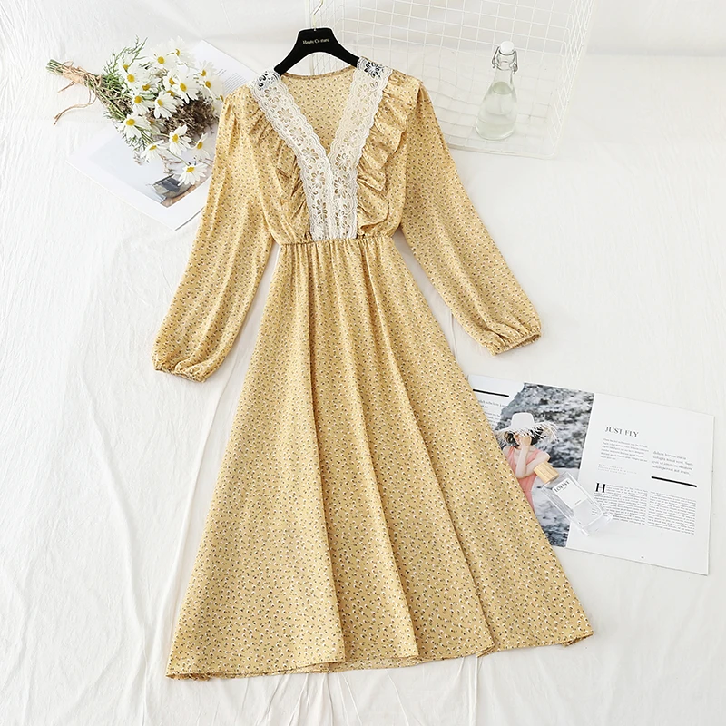 

Женское кружевное платье, шифоновое платье с цветочным принтом, свободное приталенное платье на весну и лето, 2021