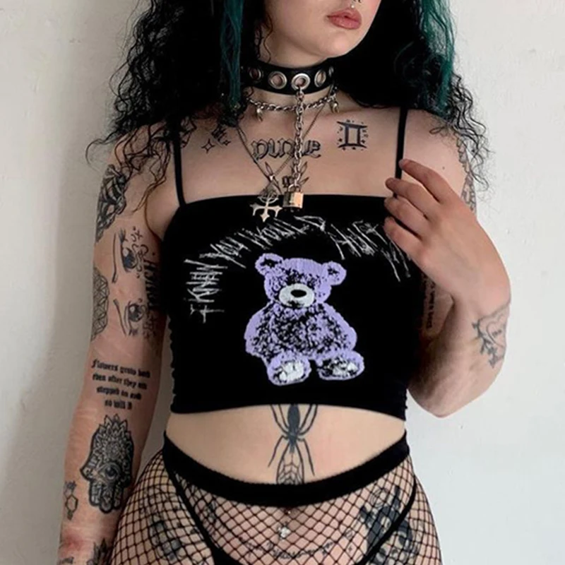 Женский Готический Топ без рукавов черная Базовая майка с принтом в стиле панк Y2K