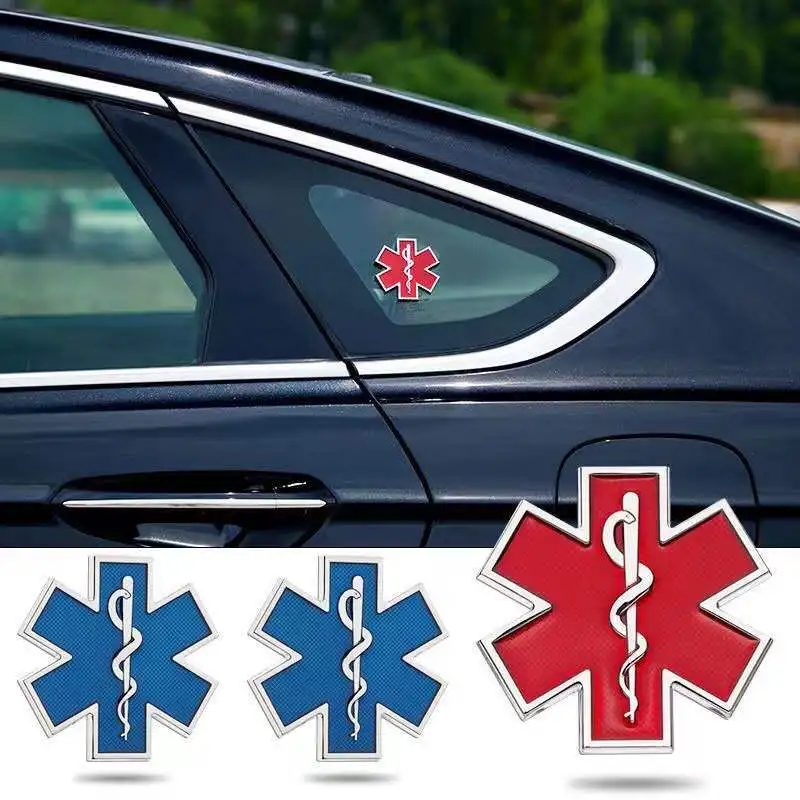 

3D Metal Star of life Logo Car Stickers and Decals Blue Red Emergency Ambulance Logo Car Rear Trunk Body Emblem Badge Stickers