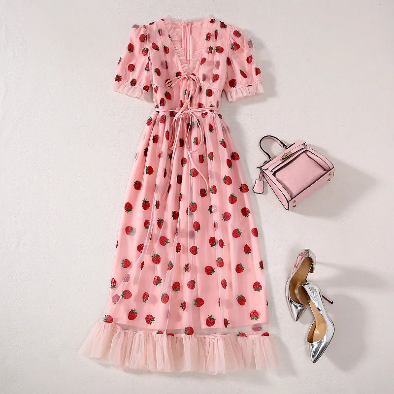 

2021 Fashion Strawberry Hot Sexi French Party Dress Sequin Short Sleeve V-Neck Mesh A-line For new year Summer Women's dress