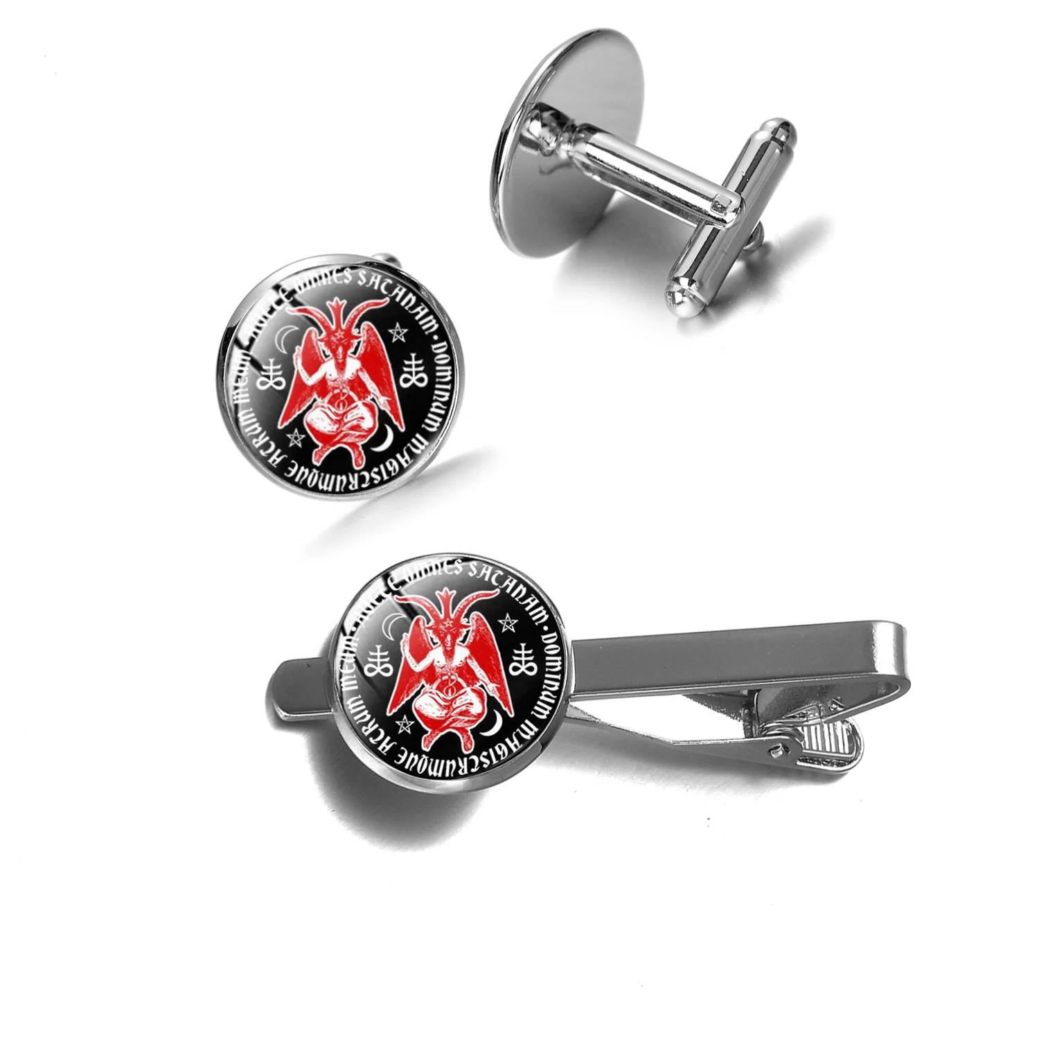 Винтаж сатанизма красный козьей шерсти запонки в форме головы и зажим для