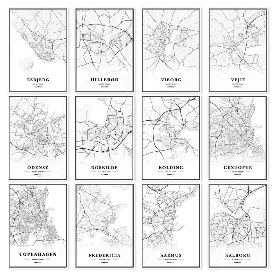 Дания городские карты Копенгаген Оденсе Орхус альборг холст живопись винтажные