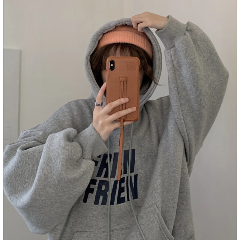 

Новинка Осень-зима 2021, модные женские толстовки в стиле преппи с круглым вырезом, плюшевая утепленная толстовка для прогулок