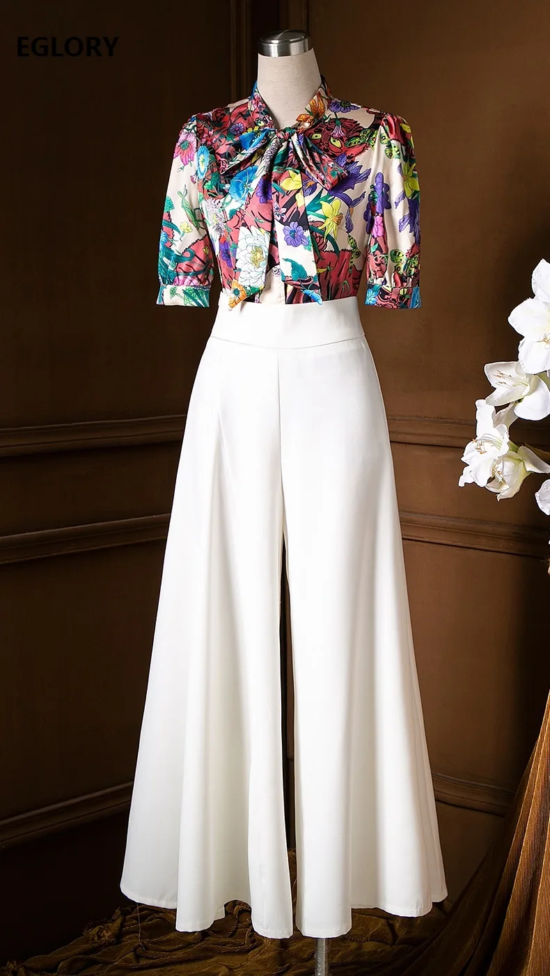 2020 Summer Fashion Pant Suits Women Bow Collar Colorful Flower Print Short Sleeve Shirts+High Waist Wide Leg Long White Pants