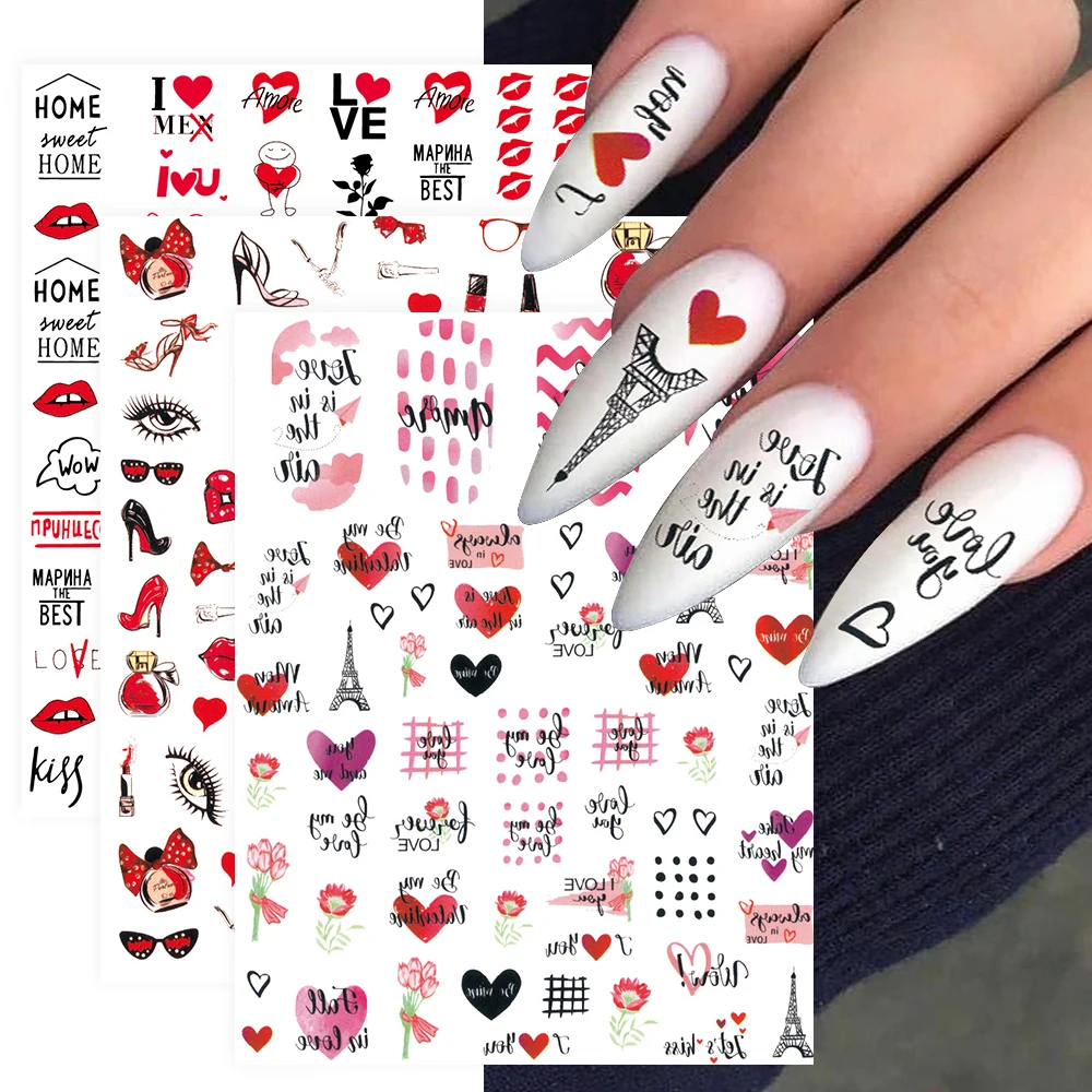 

3D наклейки на ногти на День святого Валентина, сердце, английская буква, роза, цветок, абстракция, узор для лица, Слайдеры для ногтей, украшен...