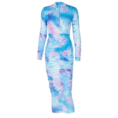 

Long Sleeve Tie Dye Zipper Sexy Maxi Dress Autumn Winter Women Streetwear Party Elegant Long Dress Slim Temperament Long Skirt