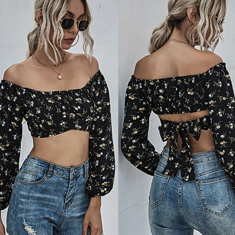 

Women Exposed Navel Floral Print Shirt One Word Shoulder Sexy Long Sleeve Tops