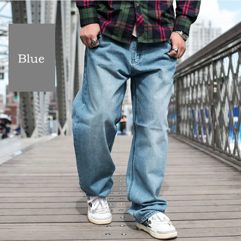 

Spring Men Jeans Loose Denim Pants Straight Fashion Streetwear Hip Hop Skateboard Light Blue Wide Leg Trousers Large Size 46