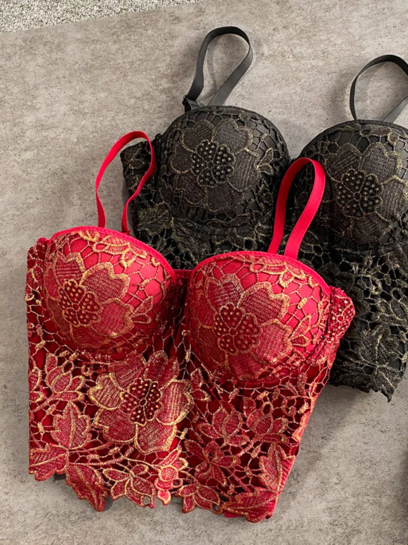 

Women Summer Red Black Flower Lace Top Backless Suspender Strap Corset Sexy Vest Short Full Cup Gathered Push Up Bra Club Party