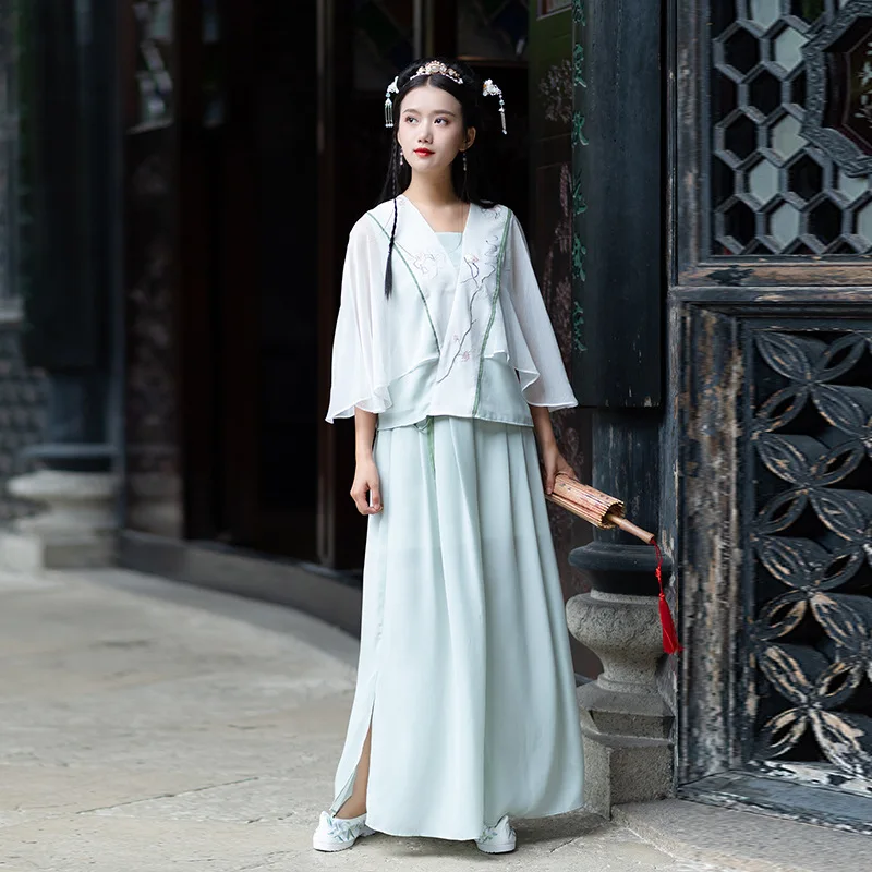 Женский Зеленый Классический танцевальный костюм Hanfu платье феи с вышивкой наряд