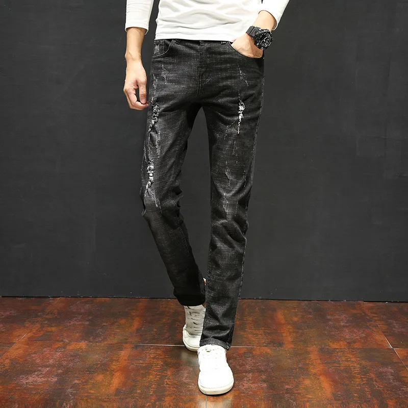 

Mens Jeans Spring and Summer Cotton Stretch Black Denim Pants Youth Male Fashion Ripped Casual Slim Feet Cowboy Trousers for Man