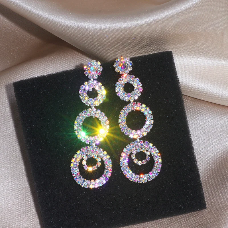 Luxury Full Crystal Big Circle Drop Earrings for Women Long Multicolored  Rhinestone Dangle Earrings Bride Wedding Party Jewelry