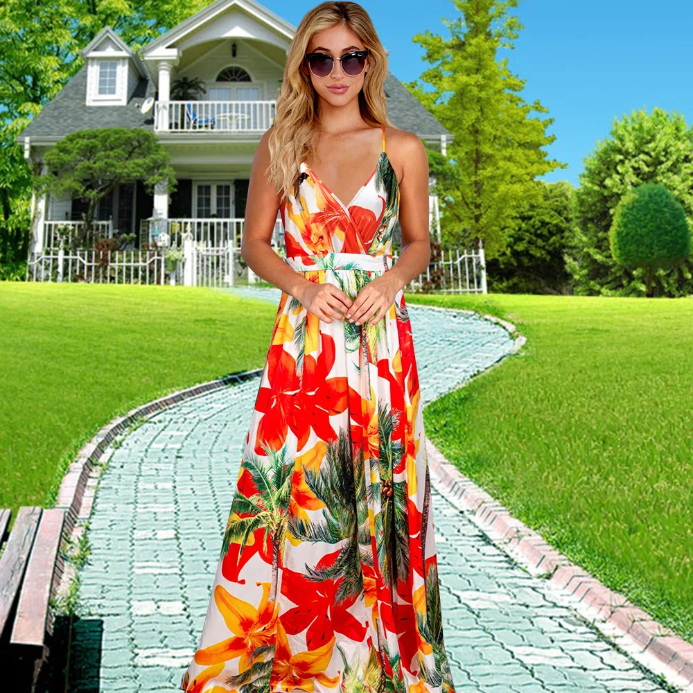 

Women Bohemian Floral Print Sexy Sleeveless Deep V-neck Neck Long Dress Summer Casual Slim Spaghetti Strap Robe Maxi Vestidos