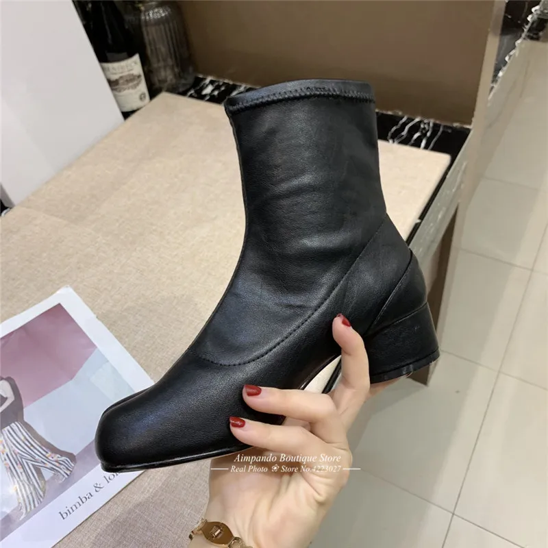 New Autumn Stretch Ankle Boots Novelty Split Toe Boots Women Cozy Round Heel Genuine Leather Riding Booties Fashion Short Botas