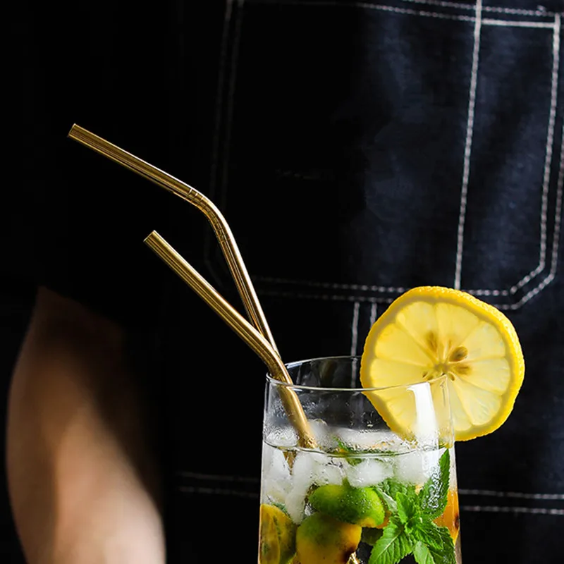 

100Pcs/Set Metal Straw Reusable Gold Straws Wholesale Stainless Steel Drinking Tubes 215mm Straight Bent Straws For Drink