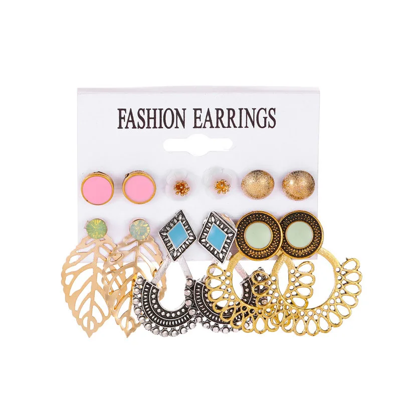 

Set Earrings Ethnic Style Retro 6-Piece Earrings Female Fashion Hollow Flower Leaf Card Earrings Hot Selling Jewelry