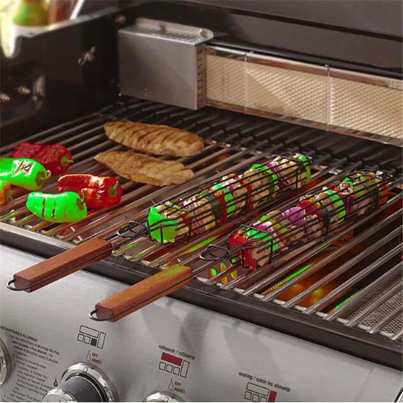

Щипцы для гриля Kabob, многоразовые прочные Антикоррозийные щипцы с деревянной ручкой, зажим для барбекю, сетчатые аксессуары для барбекю, 4 шт...
