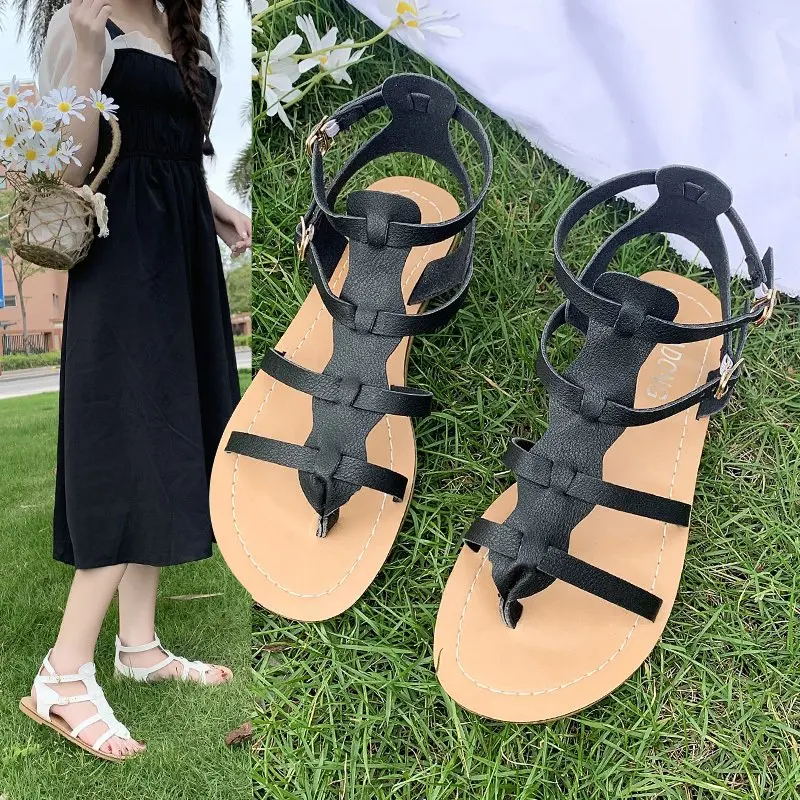 Сандалии женские с открытым носком босоножки гладиаторы на плоской подошве