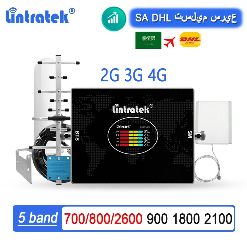 

Lintratek 5-Band 2G 3G 4G LTE الخلوية إشارة الداعم 800 900 1800 2100 2600 UMTS 70dB الإنترنت مكرر إشارة الصوت مكبر للصوت
