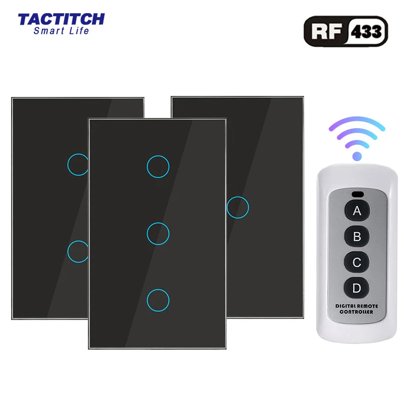 

Touch light switch RF 433MHz wireless remote control AC110V 220V 1/2/3gang tempered glass panel home wall switch interrupter