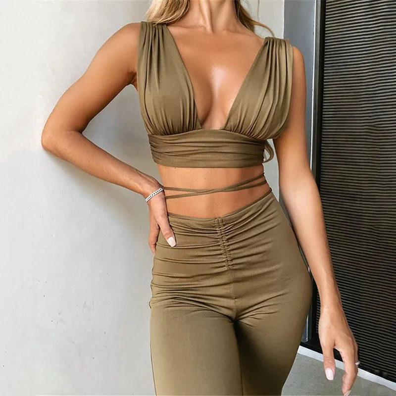

Slim Backless Two Piece Set Women Solid Sleeveless Tank Top Bandge Long Pants Ladies Summer Slim Hollow Out Women Streetwear Set
