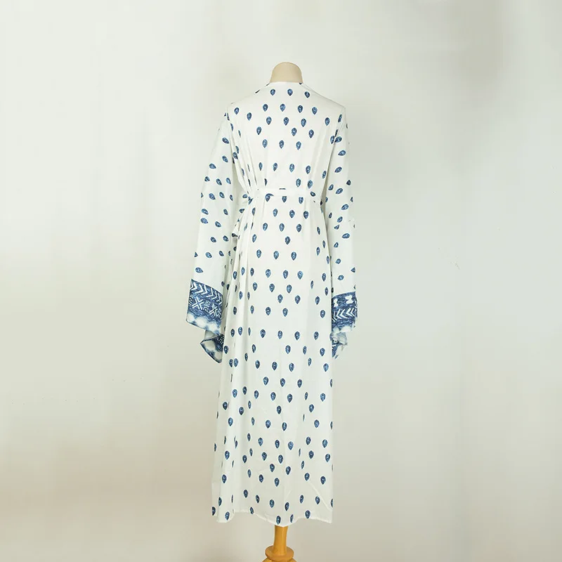 

Bohemian Dress Print Flare Long Sleeve Hollow out See Through Sexy Maxi Dress Woman Holiday Summer Beach Party Cover up
