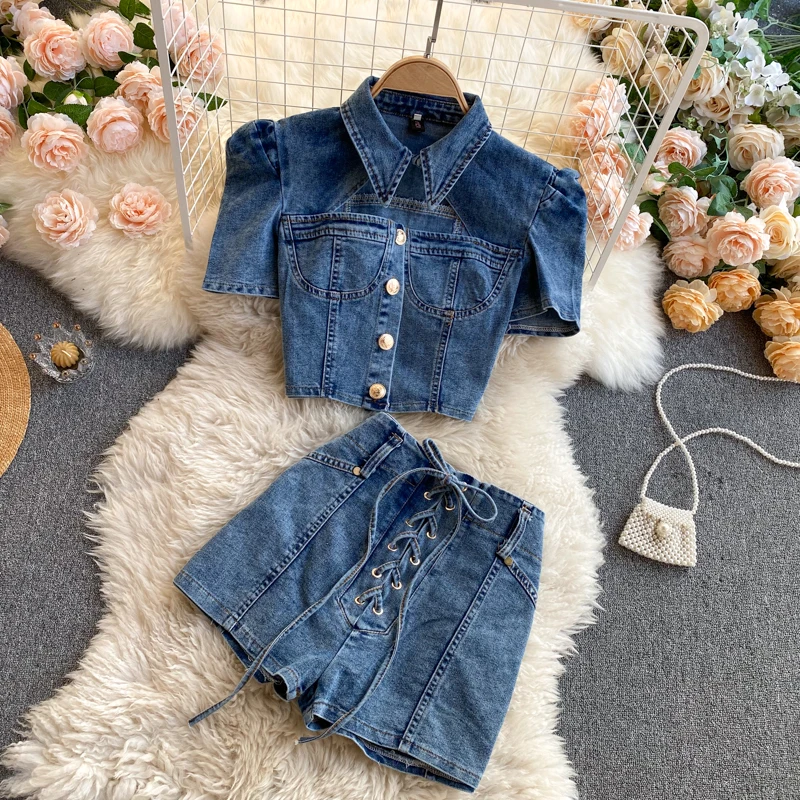 

Women Hollow out Jeans+Skirts Sets Short Sleeve Tank Tops Laced Denim Skirt Suits for Woman Dropshipping
