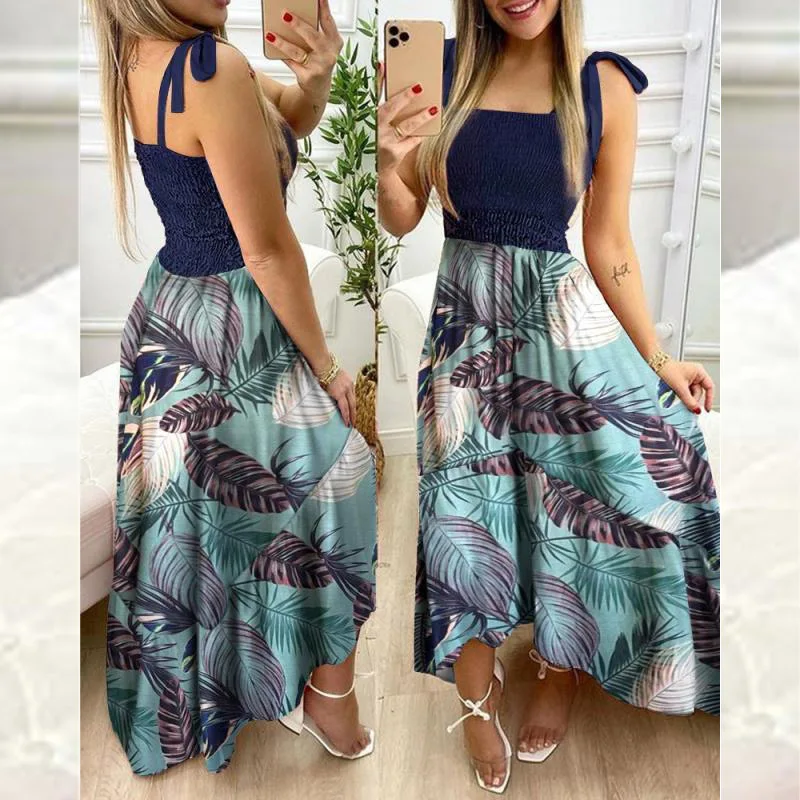 

Summer Chic Sexy Sling Lacing Vintage Printed Party Dress Women Elegant Irregula Backless Boho Dresses Ladies Wrap Beach Dresses