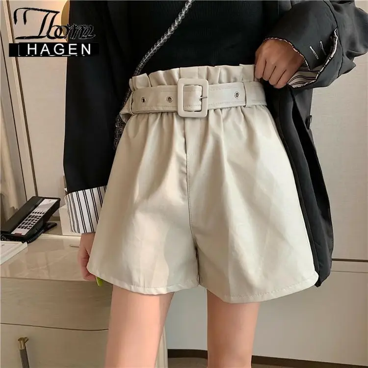 Женские повседневные шорты из искусственной кожи с поясом и высокой талией