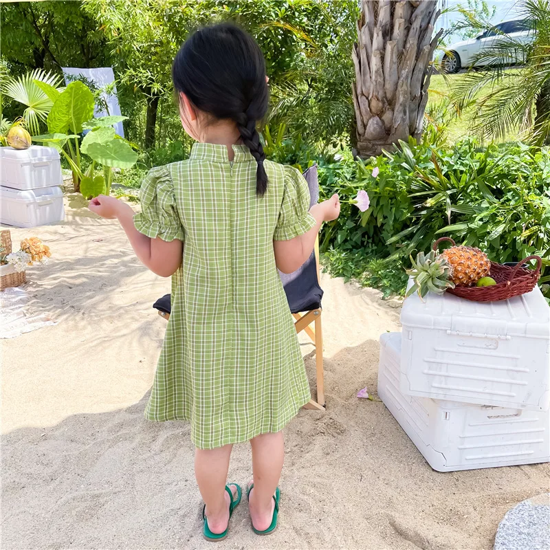 

2021 Baby Girl Dress Chinese Style Little Girl Dress Plaid Pattern Puff Sleeve cheongsam Toddler Girl Clothes Clothing Age1-6