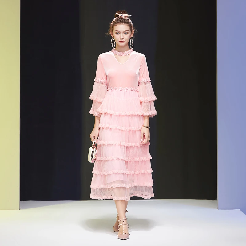 

Designer Fashion New Beading Appliques Mesh Lace Ruffled Layered Stitching Velvet Spring Autumn Elegant Chic Women'S Long Dress