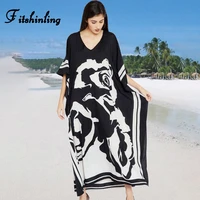 fitshinling print floral holiday long dress beach wear oversized batwing sleeve loose cover up boho v neck pareos women 2020 new