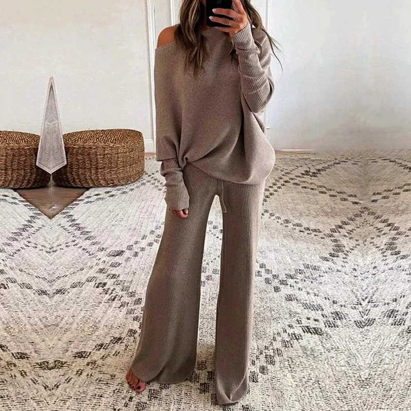 

2021 Women Elegant Solid O Neck 2-Piece Set Full Sleeve Pullover Tops and Wide Leg Pants Suit Spring Autumn