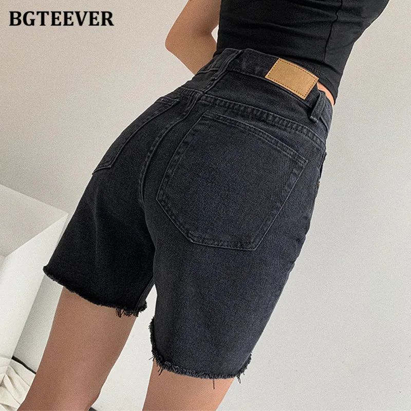 BGTEEVER винтажные рваные края однотонные прямые джинсовые шорты для женщин 2021
