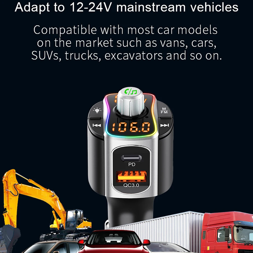 

FM Transmitter Bluetooth 5.0 Adapter Colorful Car Mp3 Player Handsfree Calling 2 USB Port with PD QC 3.0 Fast Charge Car Kit