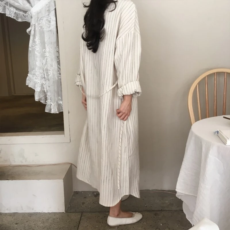 Корейское женское хлопковое свободное платье в полоску Макси летнее с длинным
