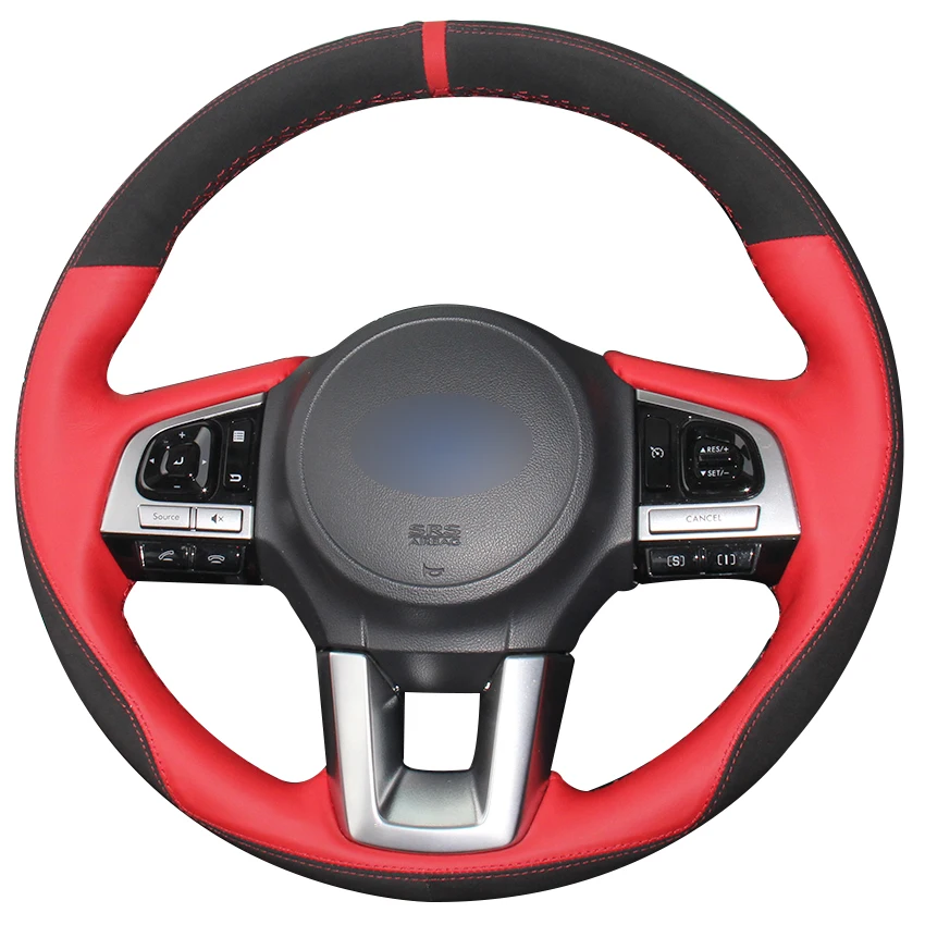 

Red Natural Leather Black Suede Red Marker Steering Wheel Cover for Subaru Legacy 2016 Outback 2015 2016 XV 2016 Forester 2016