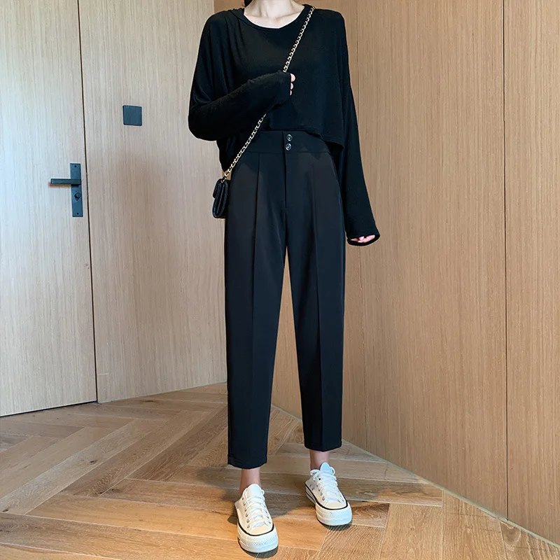 

Autumn Suit Pants Women Spring Double Button Black Trousers Women High Waist Straight Loose Black Ladies Pants Women